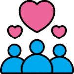 Three blue contact icons with hearts above them, symbolizing friendly customer support and help when needed